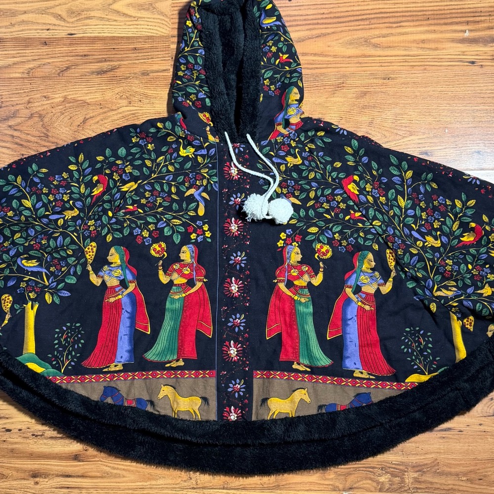 Vintage Style Indian Folk Art Hooded Poncho Faux Fur Lined Black Pom Pom OS